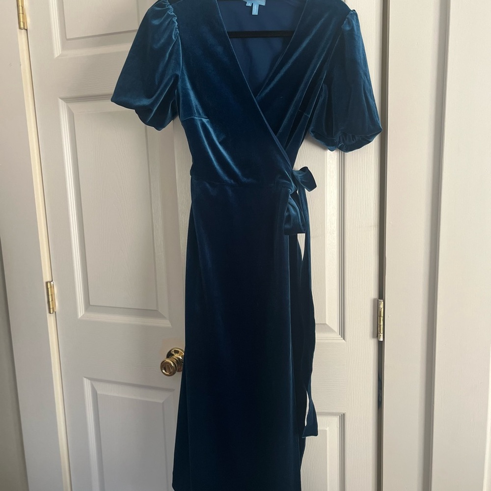 Draper James Velvet Wrap Midi Dress in Deep Blue